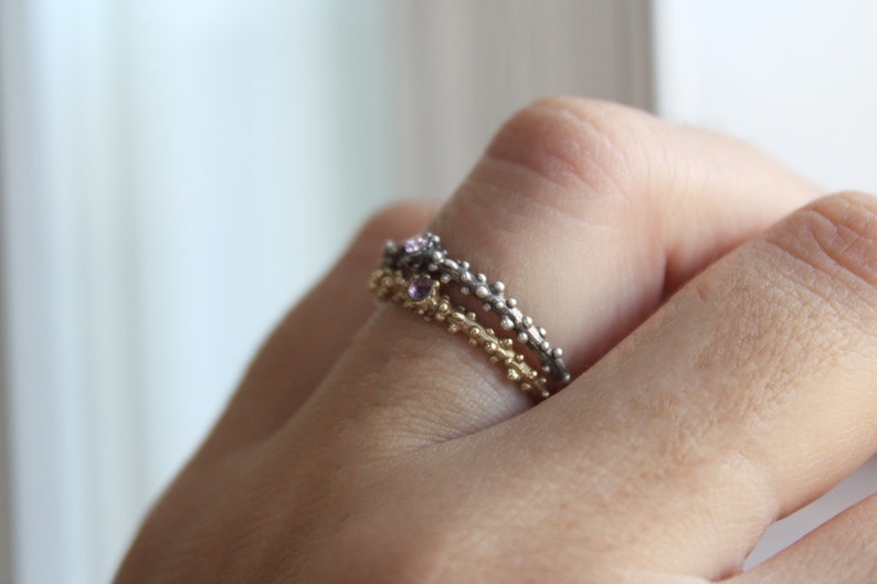 Sterling silver dot ring with pink zirconia , Skinny granulated ring image 4