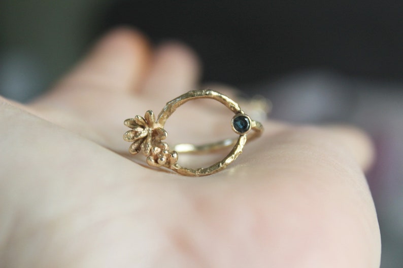 14k Gold Open Circle Ring with Succulents and London Blue Topaz Nature-Inspired Elegance for Modern Romantics image 3