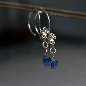 May include: A pair of silver skull earrings with blue gemstone drops. The skulls are adorned with small flower accents.