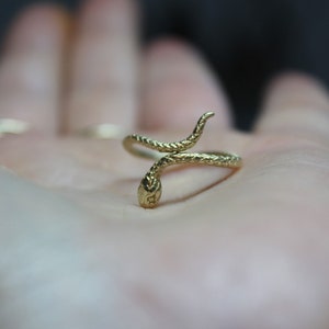May include: A gold snake ring with a textured finish. The snake is curled up with its head facing the viewer.