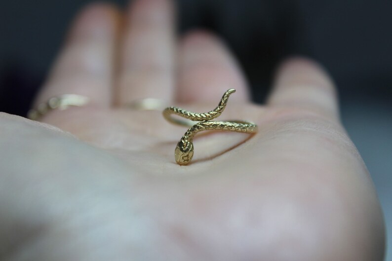 May include: A gold snake ring with a textured finish. The snake is curled up with its head facing the viewer.