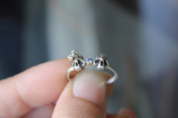 Sterling Silver Double Skull Ring: Tanzanite Gemstone, Sugar Skull Jewelry