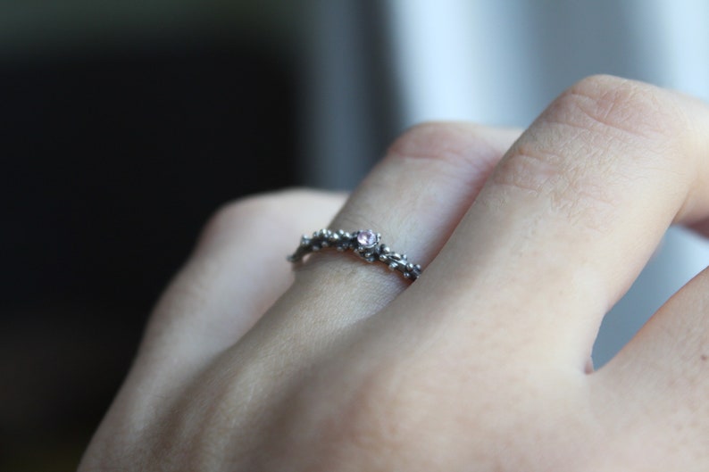 Sterling silver dot ring with pink zirconia , Skinny granulated ring image 8