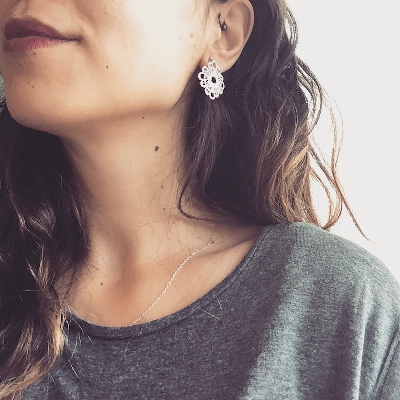 Bohemian jewelry Silver lace earrings Silver Boho earrings Gift for her