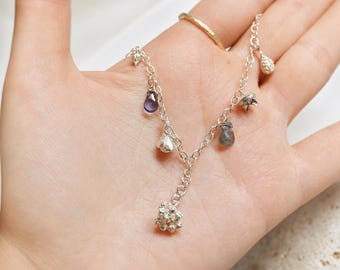 Sterling Silver Botanical Necklace with Succulents, Iolite and Labradorite
