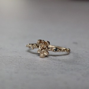 May include: A gold ring with a textured, organic design and small blue gemstones.