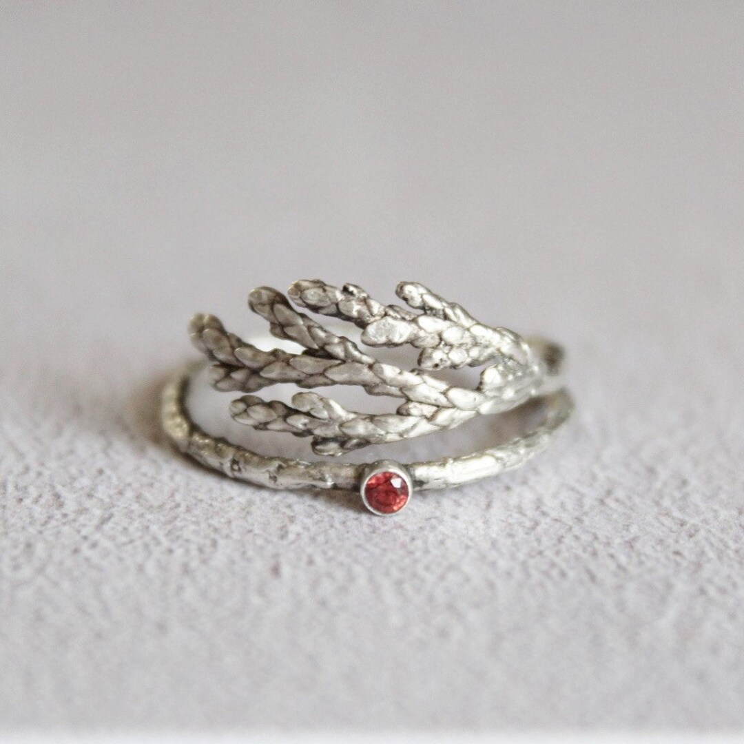 Sterling Silver Juniper Leaf Ring: Red CZ Gemstone, Adjustable - Etsy