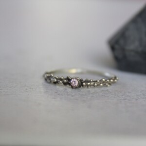 Sterling silver dot ring with pink zirconia , Skinny granulated ring image 7