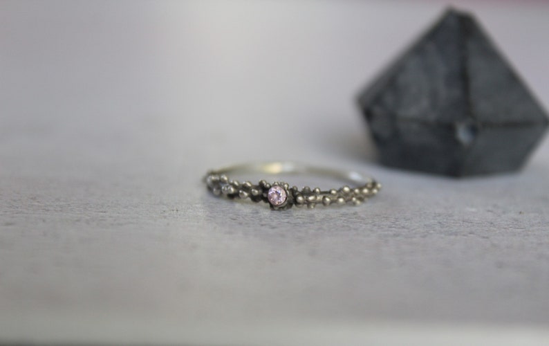 Sterling silver dot ring with pink zirconia , Skinny granulated ring image 7