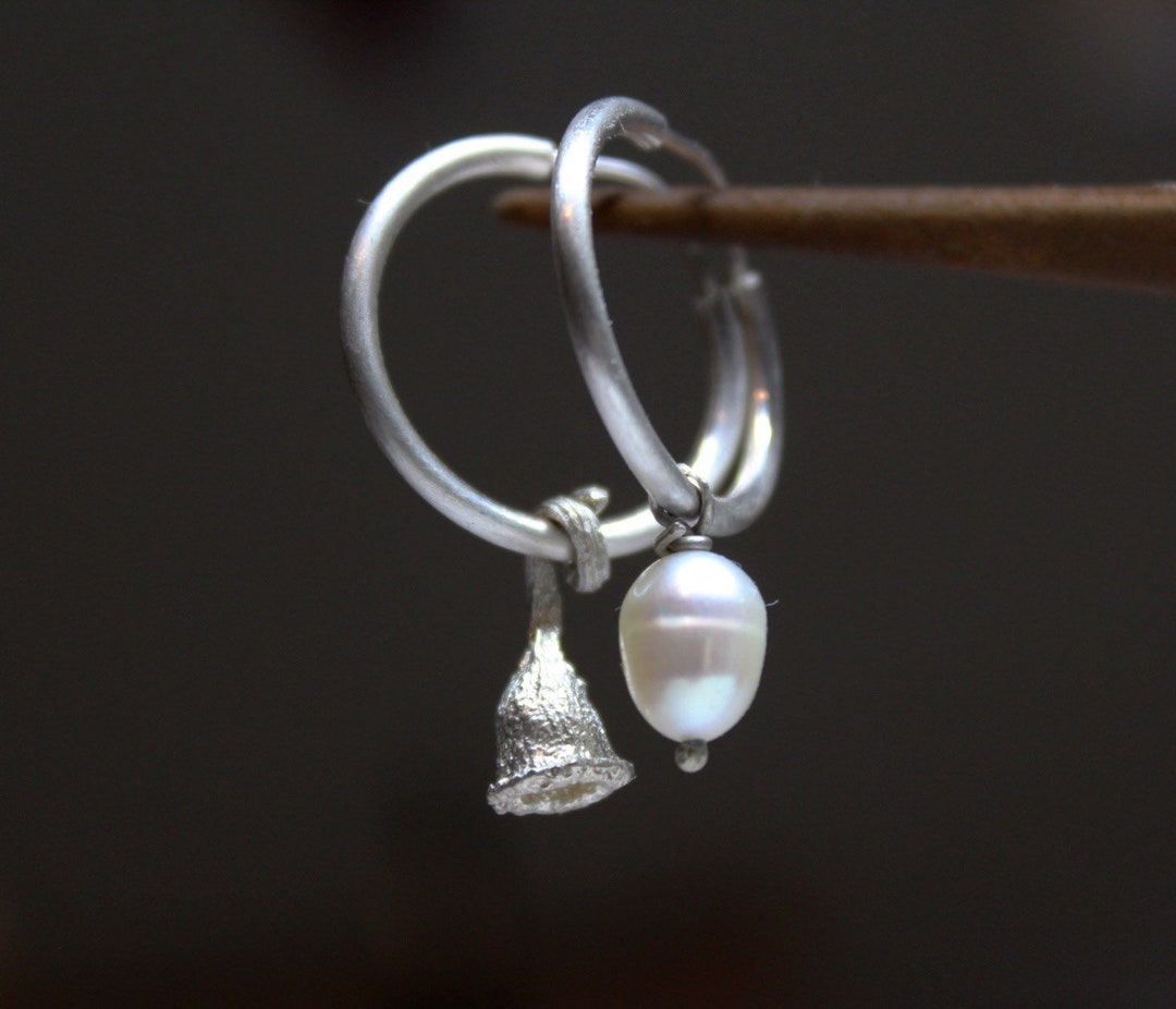 Mismatched Silver Hoop Earrings, Unique Hoop Earrings, Pearl Earrings