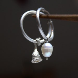 Mismatched silver hoop earrings, Unique hoop earrings, Pearl earrings, Botanical jewelry, Gift for her