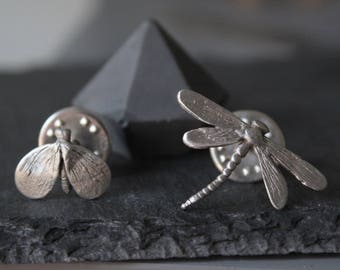Juego de broches de insectos en plata de ley: alfileres de animales de libélula y polilla