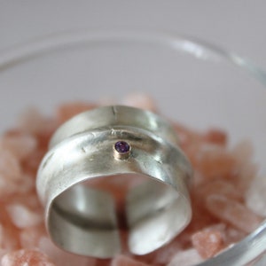 Chunky sterling silver ring with 2mm amethyst gemstone, Adjustable organic ring image 8