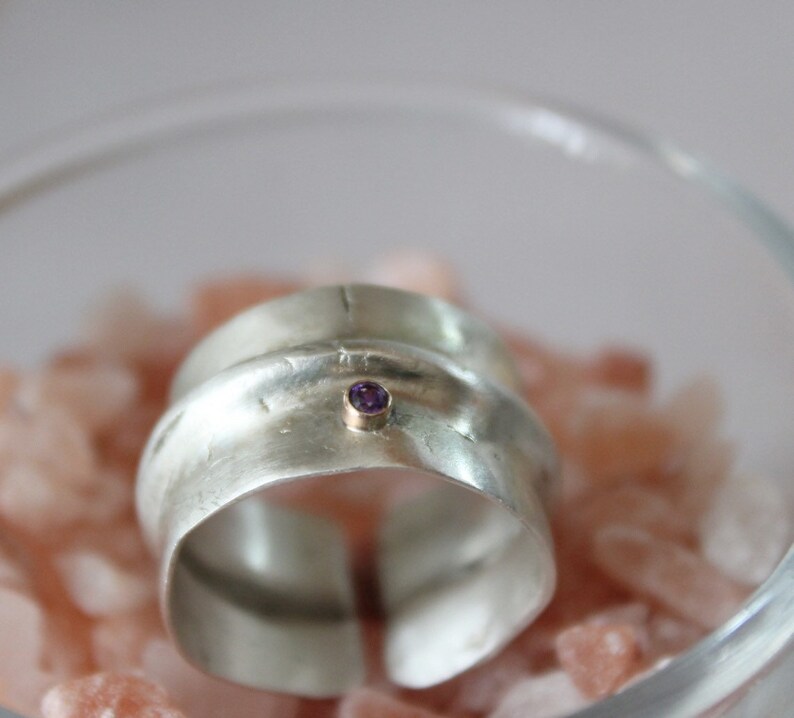 Chunky sterling silver ring with 2mm amethyst gemstone, Adjustable organic ring image 8
