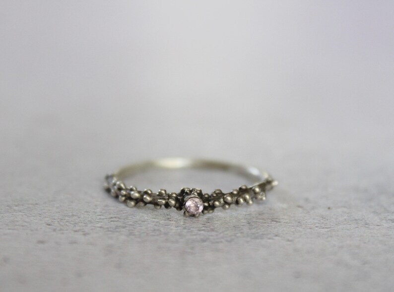 Sterling silver dot ring with pink zirconia , Skinny granulated ring image 6