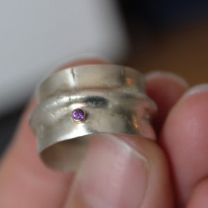 Chunky sterling silver ring with 2mm amethyst gemstone, Adjustable organic ring image 6