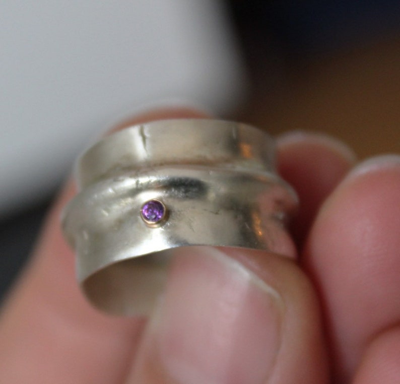 Chunky sterling silver ring with 2mm amethyst gemstone, Adjustable organic ring image 6