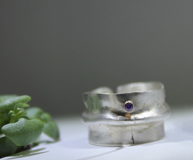 Chunky sterling silver ring with 2mm amethyst gemstone, Adjustable organic ring image 9
