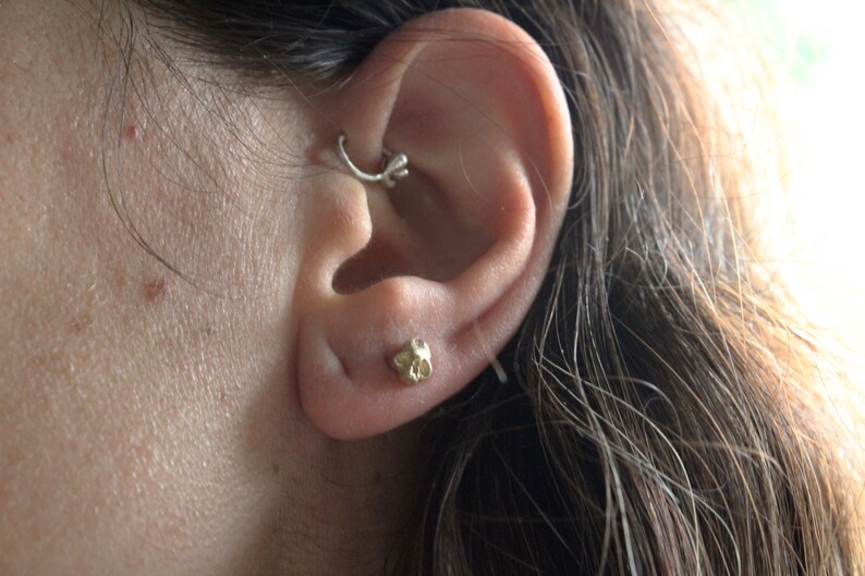 Peut inclure: Gros plan sur une oreille avec un petit piercing en or et un anneau en argent dans le cartilage sup&eacute;rieur.