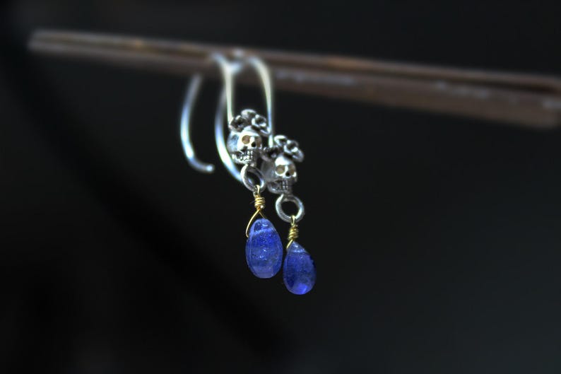 May include: Silver skull dangle earrings with blue teardrop gemstones.