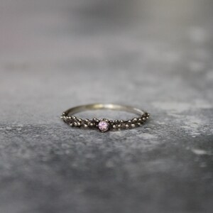 Sterling silver dot ring with pink zirconia , Skinny granulated ring image 3