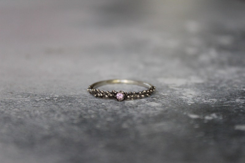 Sterling silver dot ring with pink zirconia , Skinny granulated ring image 3