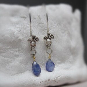 May include: Silver skull earrings with blue teardrop stones hanging from the bottom. The skulls are adorned with small silver flowers.