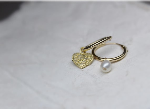 9k Gold Heart & Pearl Hoop Earrings - Mismatched Dainty Hoops