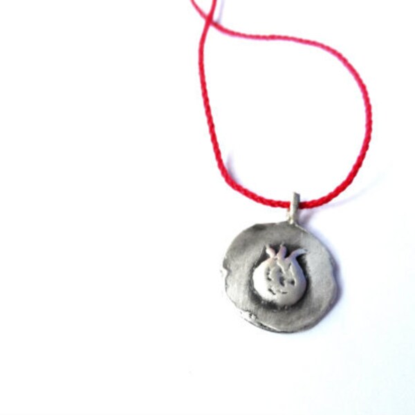 Pomegranate necklace Lucky Charm 2013 trends Sterling silver Red cord