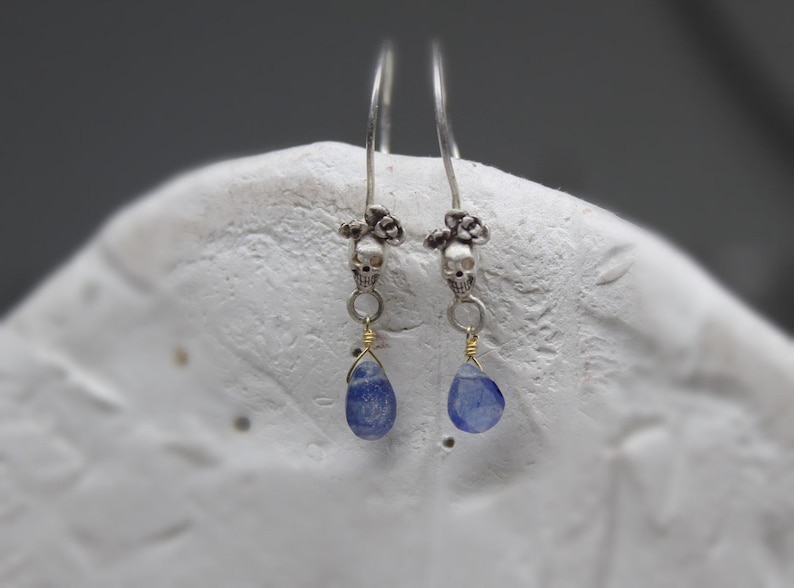 May include: A pair of silver skull earrings with blue glass teardrop dangles.