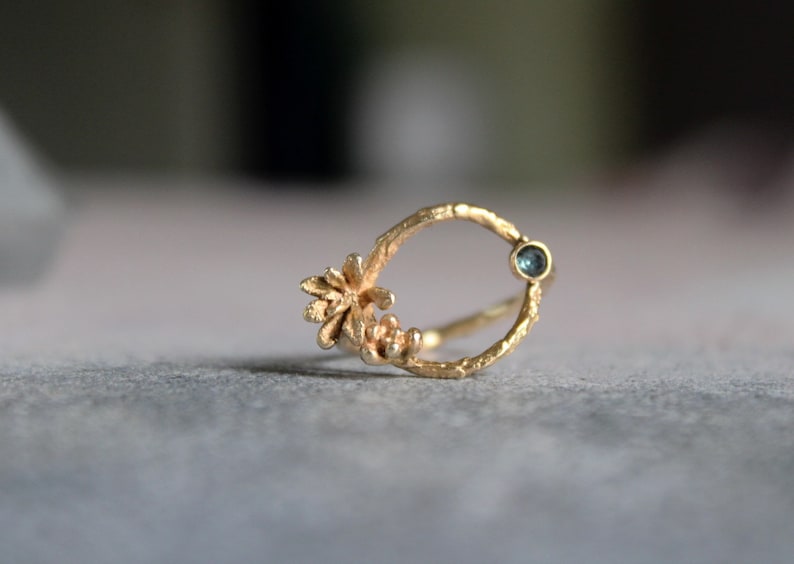 14k Gold Open Circle Ring with Succulents and London Blue Topaz Nature-Inspired Elegance for Modern Romantics image 4