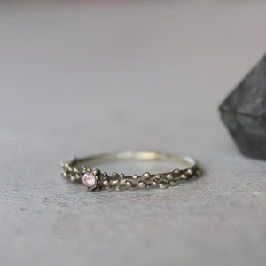 Sterling silver dot ring with pink zirconia , Skinny granulated ring image 2