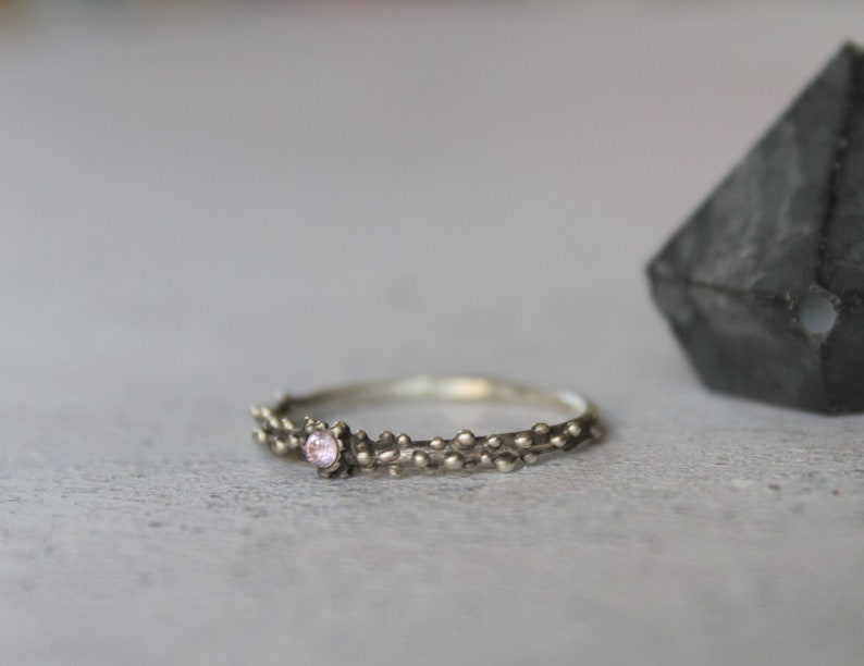 Sterling silver dot ring with pink zirconia , Skinny granulated ring image 2