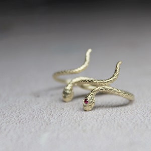 May include: A gold snake ring with a red gemstone eye. The snake is coiled around itself, with the tail wrapping around the finger.