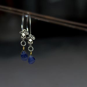 May include: A pair of silver hoop earrings with a skull charm and a blue gemstone dangle.
