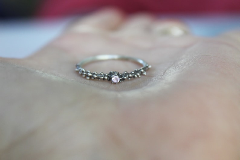 Sterling silver dot ring with pink zirconia , Skinny granulated ring image 5