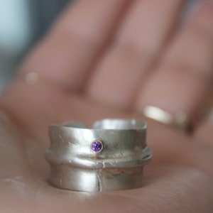 Chunky sterling silver ring with 2mm amethyst gemstone, Adjustable organic ring image 10
