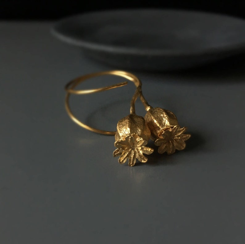 Botanical earrings, Gold plated Poppy pod earrings, Nature cast