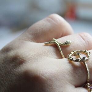 May include: A hand wearing three gold rings. The top ring is a snake design, the middle ring is a crown with small gemstones, and the bottom ring is a thin band with small gemstones.