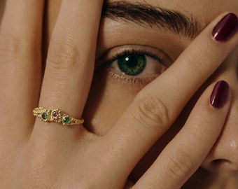 14k Gold Multi Gemstone Ring: Vintage Granulation Style