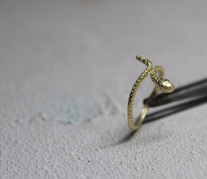 May include: A gold snake ring with a textured finish. The snake is coiled and the head is facing the viewer.