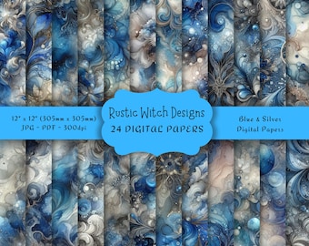 Blauw en zilver digitaal papier | Scrapbookdagboek Ephemera (digitale download)