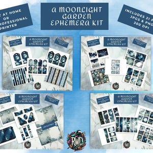 A Moonlight Garden Ephemera-set | Geheime tuin onder maanlicht | Mystieke Cottagecore | Bladwijzers en labels | Folio's | Diverse efemere verschijnselen: