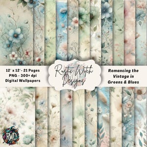 Papel tapiz vintage romántico: verdes y azules / Papel tapiz romántico victoriano suave / Flores envejecidas / Imprimibles vintage con flores verdes y azules