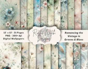 Vintage bloemenbehang | Romantisch groen en blauw, 12 x 12 (digitale download)