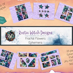 May include: A digital collage sheet of 23 pages of fractal flower ephemera in JPG and PDF formats. The sheet is 11 inches by 8.5 inches and 300 DPI. The image features a purple background with a variety of colorful fractal flowers.