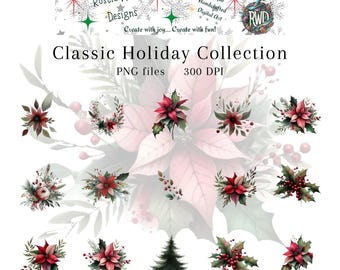 Kerst bloemen clipart | Kerstster, hulst, kransen (digitale download)