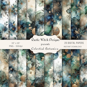 Fonds d'écran numériques Celestial Botanica | Papiers mystiques pour scrapbooking | Arrière-plans de journaux indésirables | Fournitures pour la fabrication de cartes | Téléchargement instantané