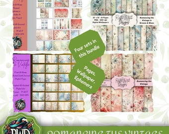 May include: A digital paper pack with four sets of vintage-inspired designs. The pack includes 21 pages of digital wallpapers, 6 pages of ephemera, and 6 pages of journal pages. The designs feature floral patterns in shades of pink, blue, and green, with a rustic and romantic aesthetic. The text "Romancing the Vintage" is displayed at the bottom of the image.