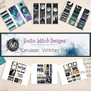 May include: Digital ephemera set titled "Cerulean Witches Vol 1" by Rustic Witch Designs. The image features various printable designs, including bookmarks and journal elements, with celestial and witchy themes. The set includes 37 pages in JPG and PDF formats.